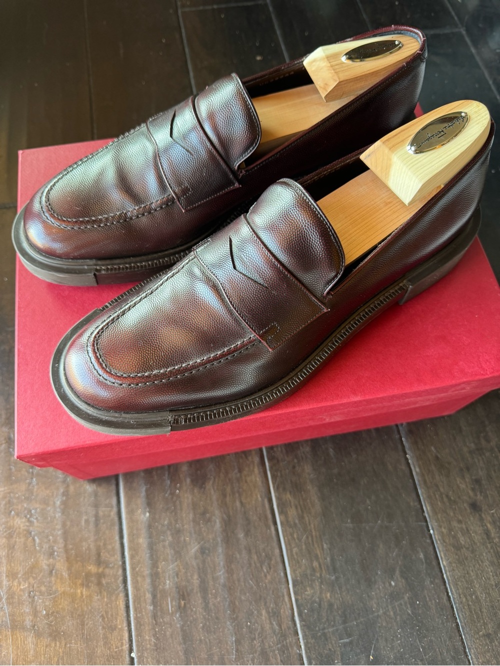 Salvatore Ferragamo Pebble Leather Brown Penny Loafers Lug Sole Size 9E w/Box